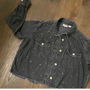 Levi’s Black Denim Cropped Button Up Shirt with Studs Medium
